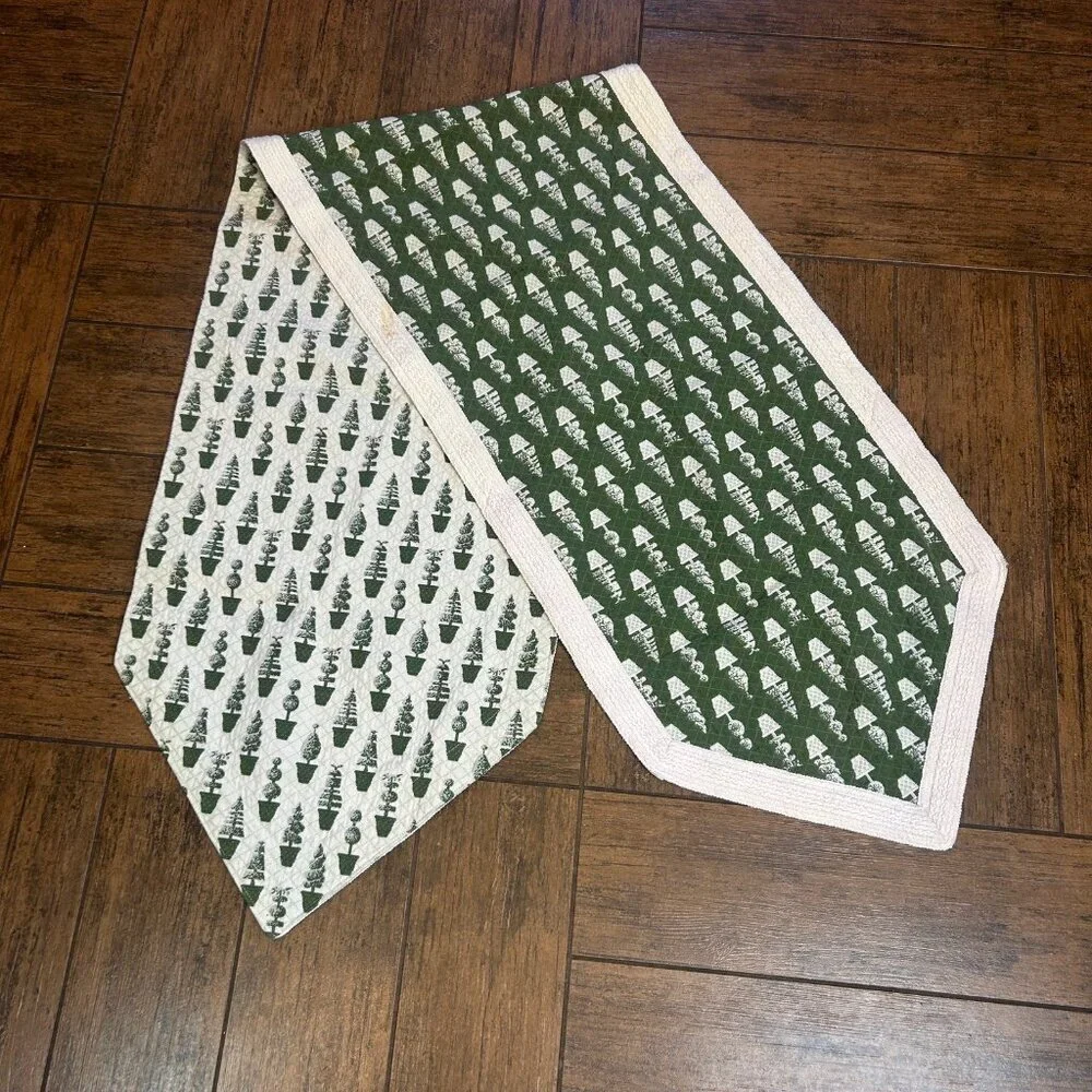 Reversible Table Runner Green Cream Topiary Tree Design 74 X 17
